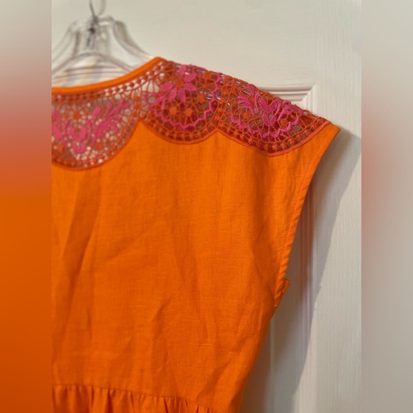 BODEN Fleur Embroidered 100% Linen Crochet Dress Orange Pink Size 2 Easter Party - Picture 5 of 9